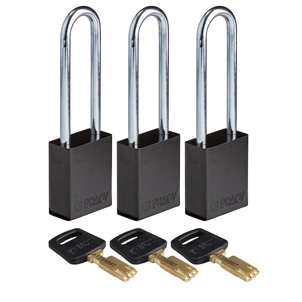 Brady Safekey Lockout Padlock Aluminum Black 3.0" - ALU-BLK-76ST-KA3PK