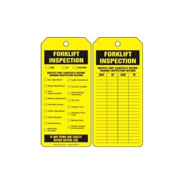 Accuform Safety Tags, FORKLIFT INSPECTION, 8.5inx 3.875in, RP-Plastic, 25PK - TRS314PTP