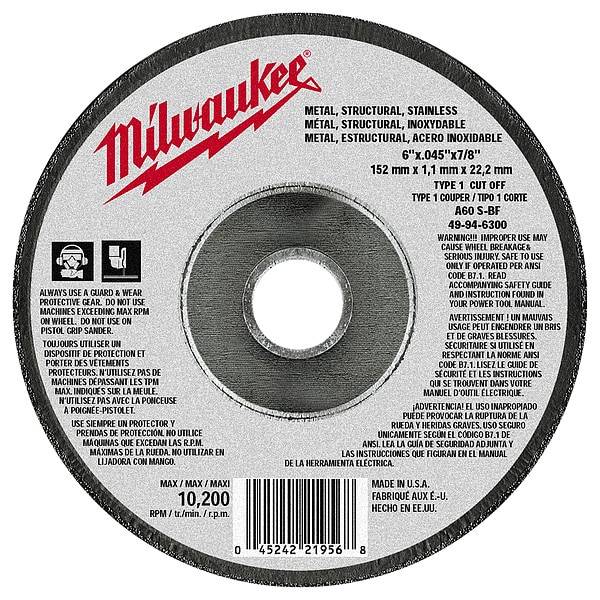 Milwaukee Tool 6" x .045" x 7/8" Cut-Off Wheel (Type 1) - 49-94-6300