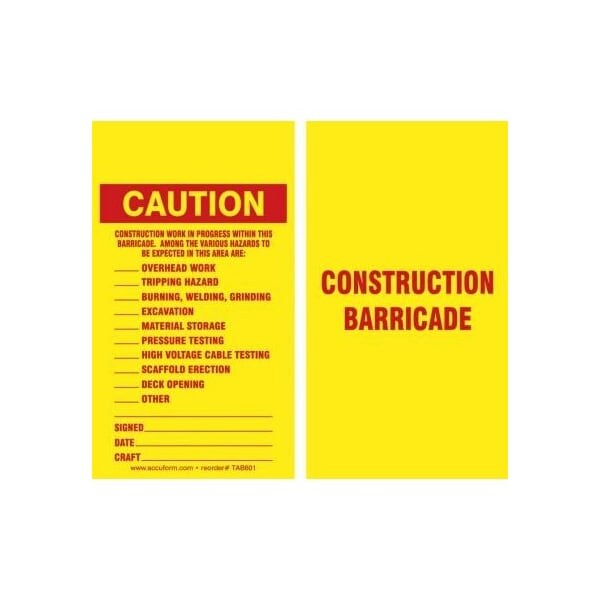 Accuform Safety Tags, CAUTION CONSTRUCTION WORK IN PROGRESS, 5.75in x 3.25in, RP-Plastic, 25PK - TAB601PTP