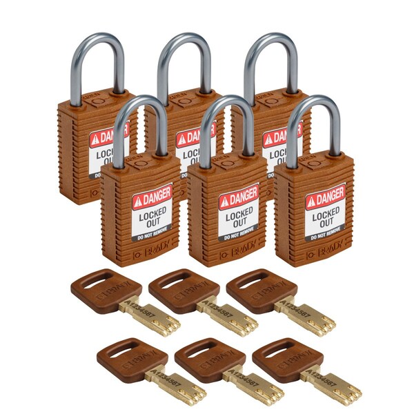 Brady Compact SafeKey Key Retaining Nylon Padlock 1 in Aluminum Shackle KD Brown 6PK - CPT-BRN-25AL-KD6PK