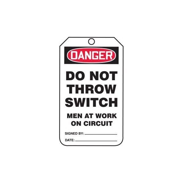 Accuform Mini Safety Tags, DANGER DO NOT THROW SWITCH MEN AT WORK ON CIRCUIT, 4.25in x 2.125in, 25PK - TAM107PTP