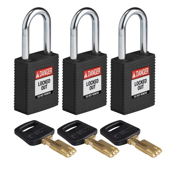 Brady Safekey Lockout Padlock Nylon Black 1.5" St - NYL-BLK-38ST-KA3PK