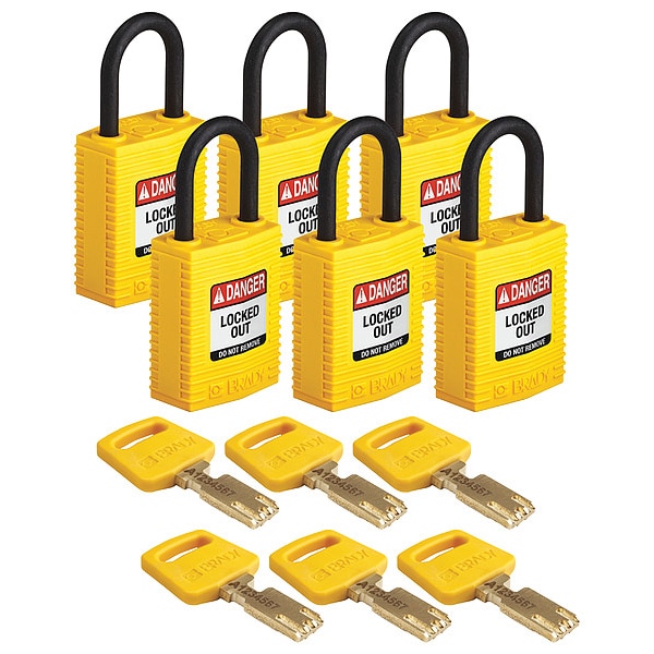 Brady Lockout Padlock, Nylon, 1-21/32" H, Ylw, PK6 - CPT-YLW-25PL-KD6PK