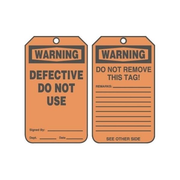 Accuform Safety Tags, WARNING DEFECTIVE DO NOT USE, 5.75in x 3.25in, PF-Cardstock, 25PK - MDT314CTP