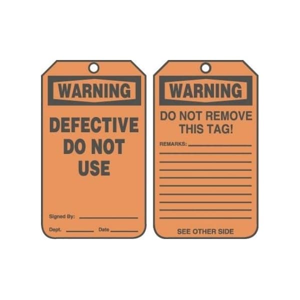 Accuform Safety Tags, WARNING DEFECTIVE DO NOT USE, 5.75in x 3.25in, RP-Plastic, 25PK - MDT314PTP
