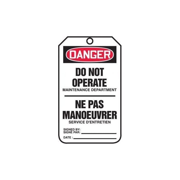 Accuform French Bilingual Safety Tags, DANGER DO NOT OPERATE MAINTENANCE DEPARTMENT, 5.75in x 3.25in, 25PK - TCF174CTP