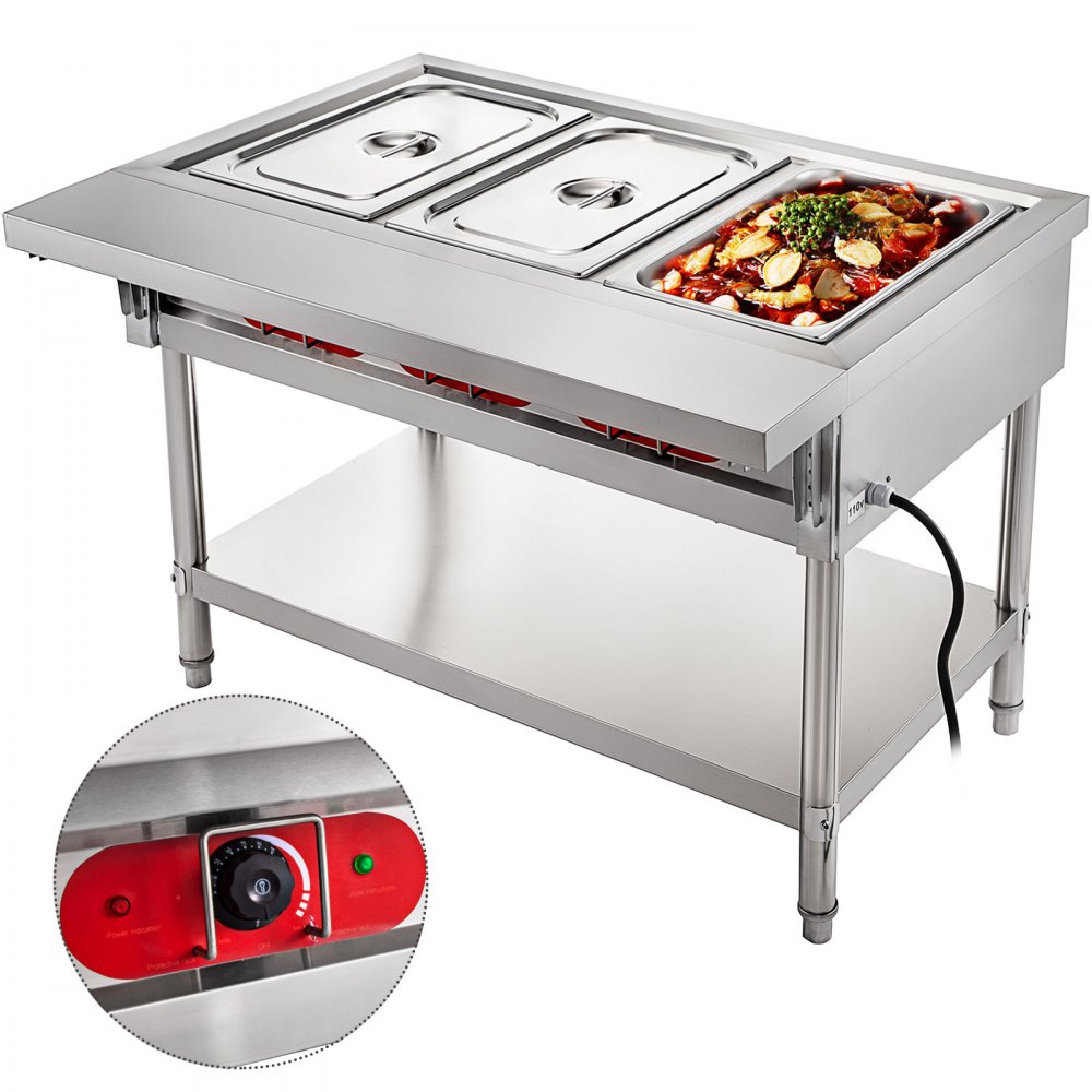 VEVOR Commercial Electric Food Warmer 3 Pot Steam Table Food Warmer 18 Quart/Pan with Lids with 7 Inch Cutting Board Food Grade Stainless Steel Steam Table Serving Counter 110V 1500W for Restaurant - CJRT3G1500W000001V1