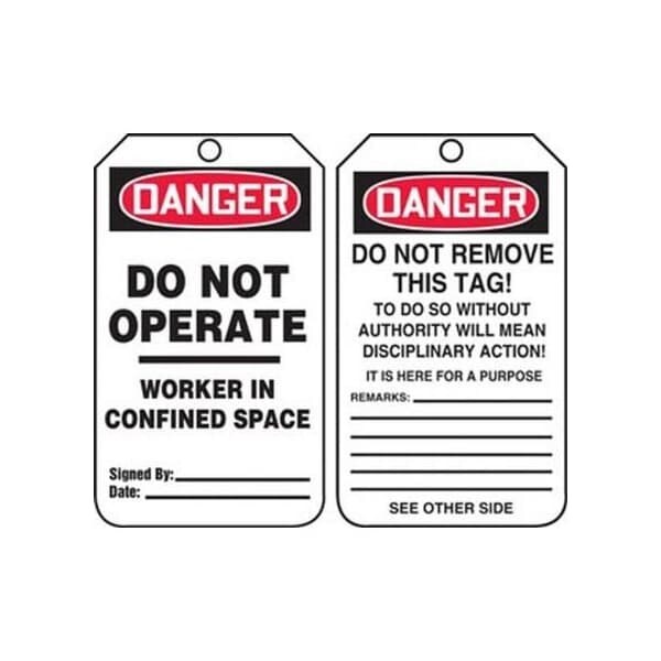 Accuform Safety Tags, DANGER DO NOT OPERATE WORKER IN CONFINED SPACE, 5.75in x 3.25in, PF-Cardstock, 25PK - TCS331CTP