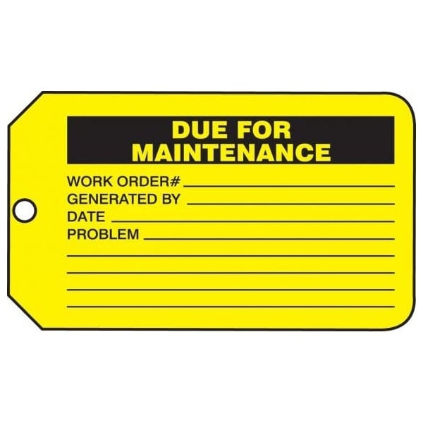 Accuform Safety Tags, DUE FOR MAINTENANCE, 5.75in x 3.25in, RP-Plastic, 5PK - MMT337PTM