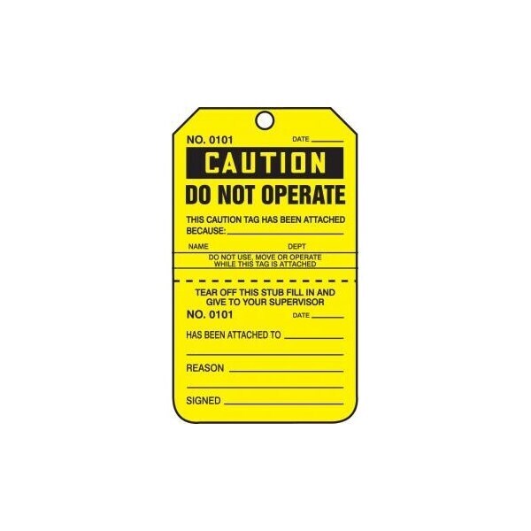Accuform Safety Tags, CAUTION DO NOT OPERATE, Perforated, 5.75in x 3.25in, RP-Plastic, 25PK - TPP208PTP