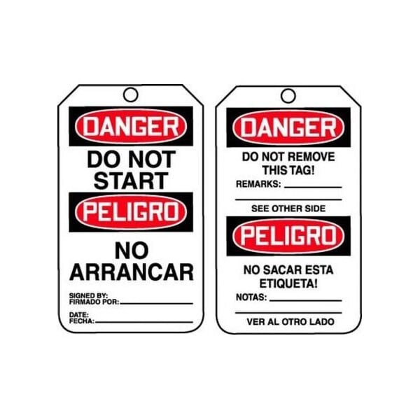 Accuform Safety Tags, DANGER DO NOT START BILINGUAL SPANISH-MEXICAN, 5.75in x 3.25in, PF-Cardstock, 25PK - TMS113CTP
