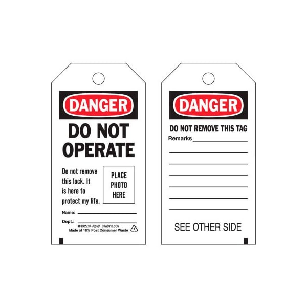 Brady Brady 65501 Lockout Tag- Danger Do Not Operate, Self-Laminating, Economy, Polyester, 10/Pack - 65501
