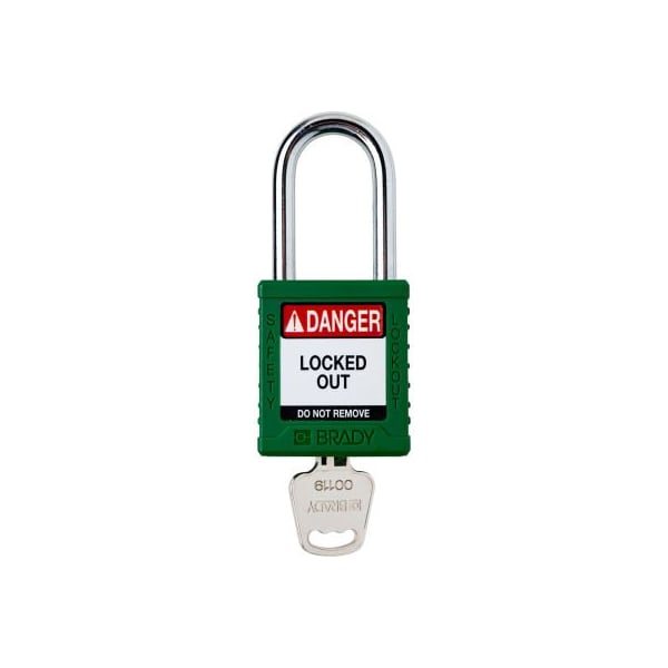 Brady Brady Safety Lockout Padlock, Keyed Different, 1-1/2in, Plastic/Steel, Green - SDPL-GRN-38ST-KD