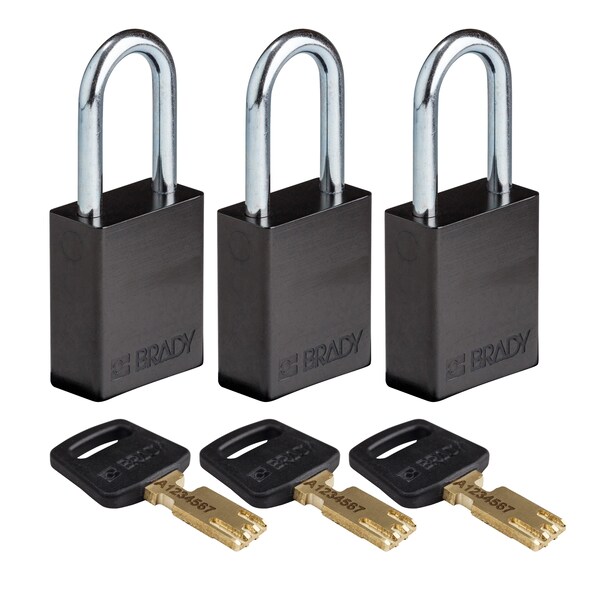 Brady Safekey Lockout Padlock Aluminum Black 1.5" - ALU-BLK-38ST-KA3PK