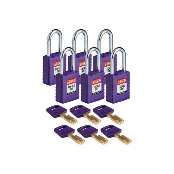 Brady Brady NYL-PRP-38ST-KA6PK Brady SafeKey Lockout Padlock Nylon 1.5" Steel Shackle Keyed Alike - NYL-PRP-38ST-KA6PK