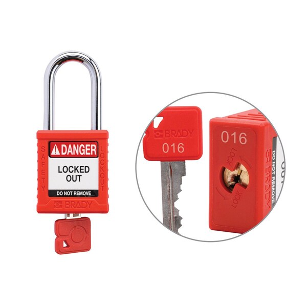 Brady Keyed Alike Padlock Unique Set Nylon Red 1.5 in Steel Shackle Keycode 16 - SDPL-RED-38ST-016