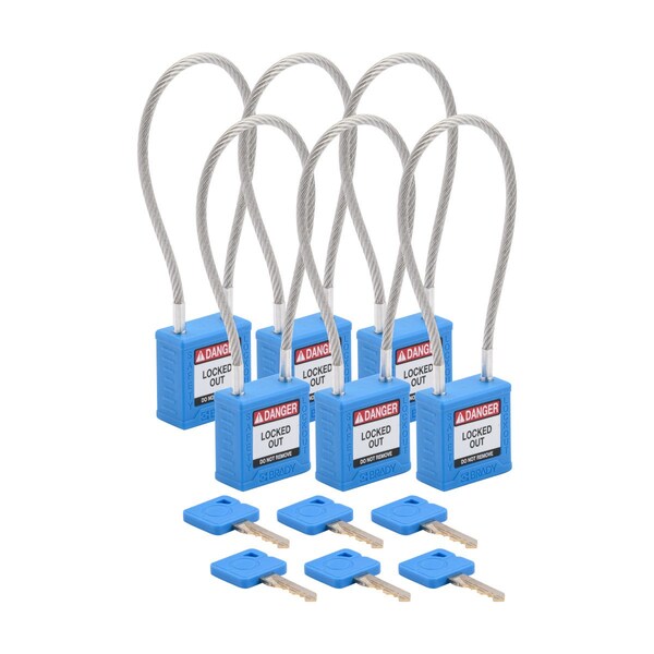 Brady Velocity 8in Compact Cable Lockout Padlocks Nylon 4in Shackle Clearance KA BL 6PK - CPPL-BLU-200CB-KA6