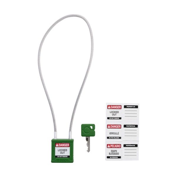 Brady Velocity 16in Compact Cable Lockout Padlocks Nylon 8in Shackle Clearance KD Green - CPPL-GRN-400CB-KD