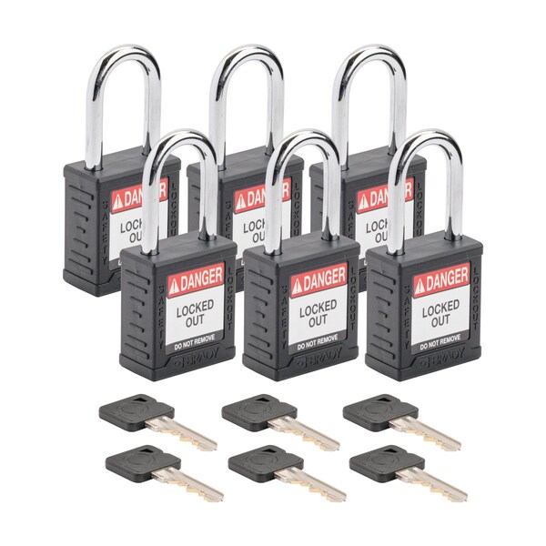Brady Velocity Lockout Padlocks Nylon 1.5in Shackle Clearance KA Black 6PK - SDPL-BLK-38ST-KA6