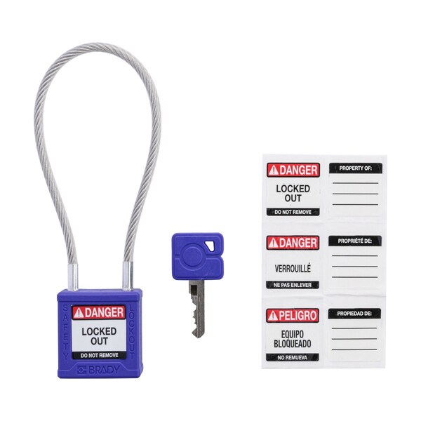 Brady Velocity 8in Compact Cable Lockout Padlocks Nylon 4in Shackle Clearance KD Purple - CPPL-PRP-200CB-KD