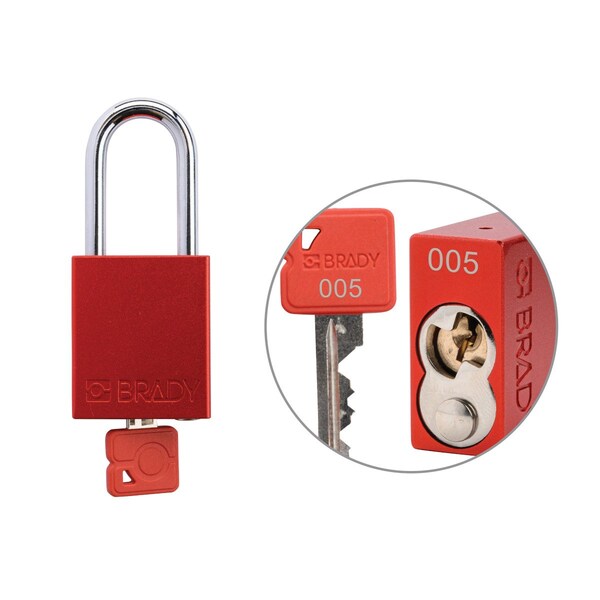 Brady Keyed Alike Padlock Unique Set Aluminum Red 1.5 in Steel Shackle Keycode 5 - SDAL-RED-38ST-005