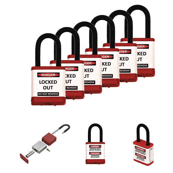 Zing Lockout Padlock, 1-1/2" H Shackle, PK6 - 700KD-RED-6PK