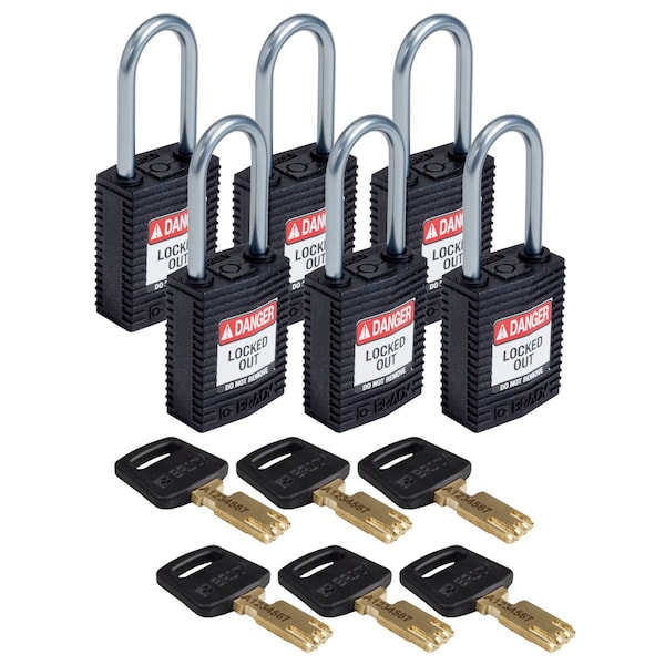 Brady Compact SafeKey Key Retaining Nylon Padlock 1.5 in Aluminum Shackle KD Black 6PK - CPT-BLK-38AL-KD6PK