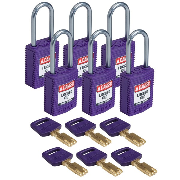Brady Compact SafeKey Key Retaining Nylon Padlock 1.5in Aluminum Shackle KD Purple 6PK - CPT-PRP-38AL-KD6PK