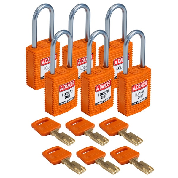 Brady Compact SafeKey Key Retaining Nylon Padlock 1.5in Aluminum Shackle KD Orange 6PK - CPT-ORG-38AL-KD6PK