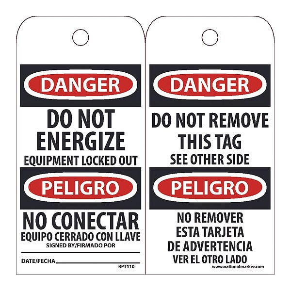 Nmc Danger Do Not Energize Equipment Locked Out Tag, Pk25 - RPT110