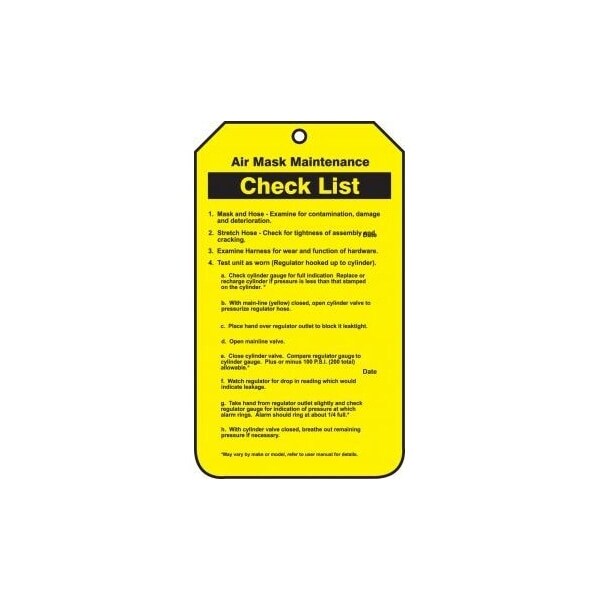 Accuform Safety Tags, AIR MASK MAINTENANCE CHECK LIST, 5.75in x 3.25in, RP-Plastic, 25PK - TRS312PTP