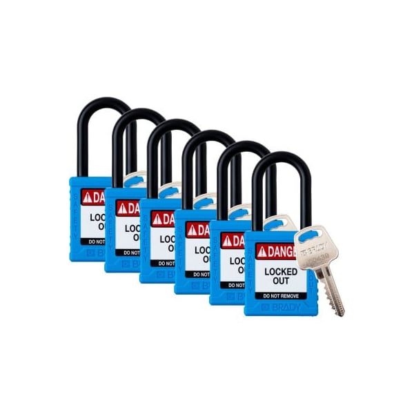 Brady Brady Safety Lockout Padlock, Keyed Different, 1-1/2in, Plastic/Nylon, Blue, 6/PK - SDPL-BLU-38PL-KD6