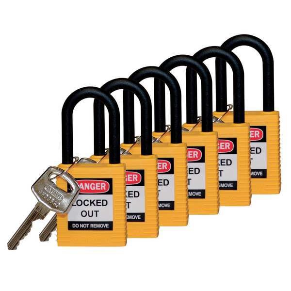 Brady Lockout Padlock, KD, Yellow, 1-3/4"H, PK6, Shackle Dia.: 1/4 in - 123354