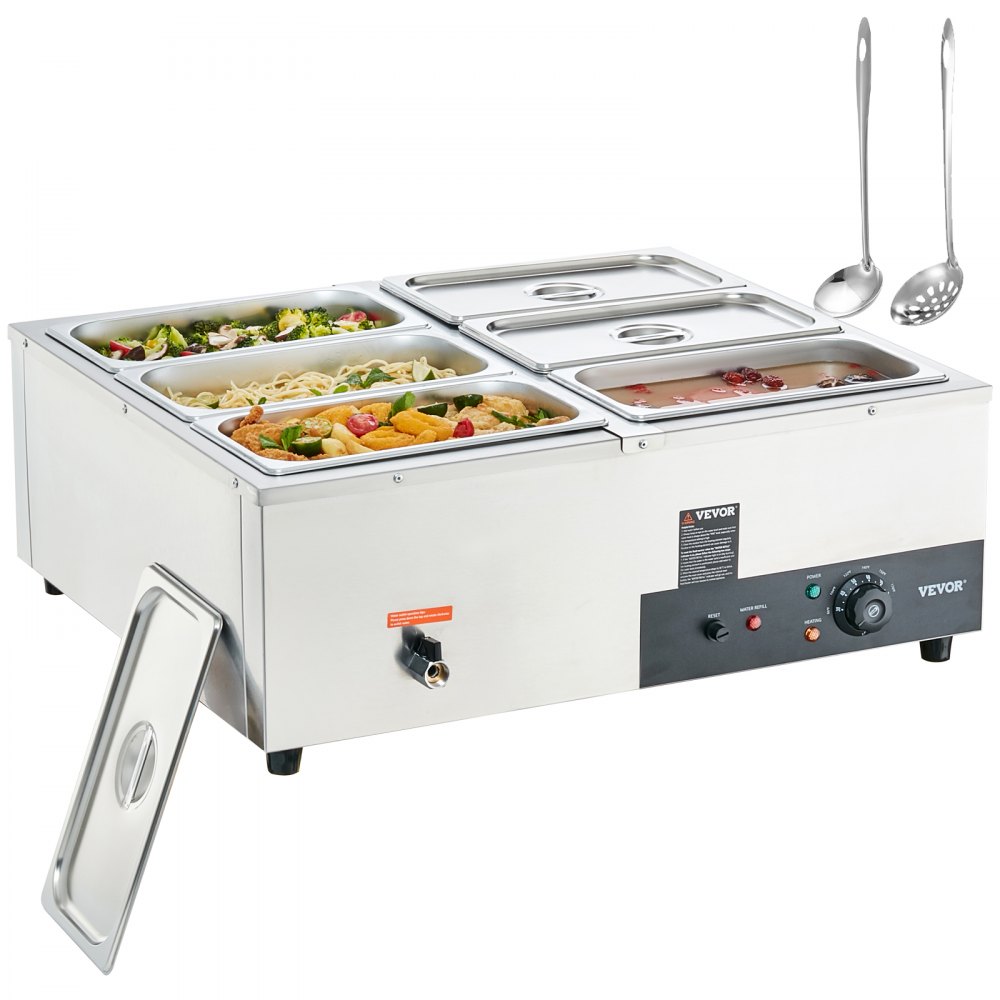 VEVOR 6-Pan Commercial Food Warmer, 6 x 8QT Electric Steam Table, 1500W Professional Countertop Stainless Steel Buffet Bain Marie with 86-185°F Temp Control for Catering and Restaurants, Silver - BWT668QT1200WEPJYV1