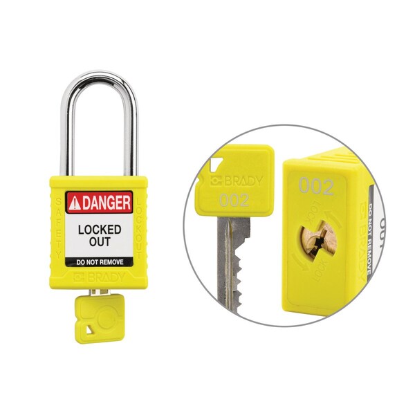 Brady Keyed Alike Padlock Unique Set Nylon Ylw 1.5 in Steel Shackle Keycode 2 - SDPL-YLW-38ST-002