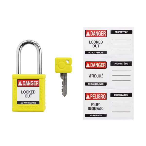 Brady Keyed Alike Padlock Unique Set Nylon Ylw 1.5 in Steel Shackle Keycode 2 - SDPL-YLW-38ST-002