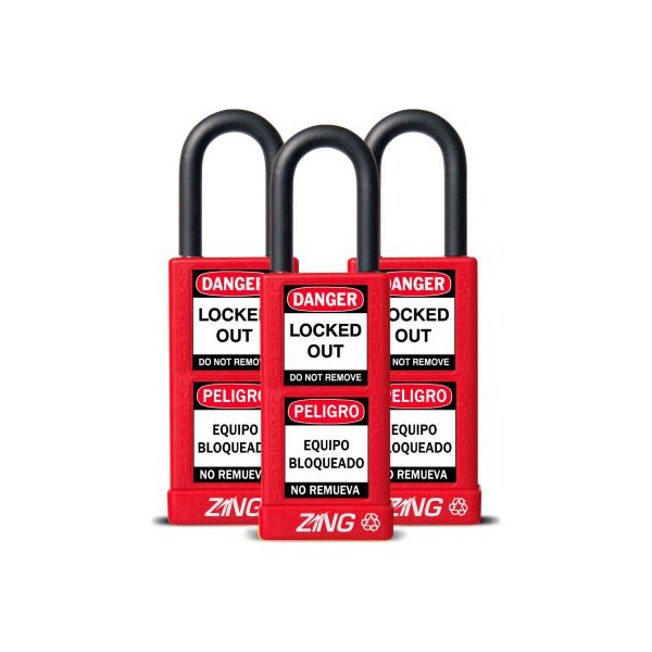 Zing ZING RecycLock Safety Padlock, Keyed Alike, 1-1/2" Shackle, 3" Long Body, Red, 3 Pack, 7086 - 7086