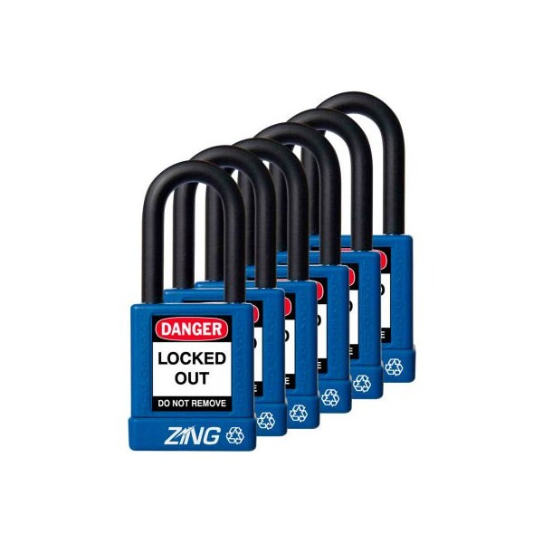 Zing ZING RecycLock Safety Padlock, Keyed Alike, 1-1/2" Shackle, 1-3/4" Body, Blue, 6 Pack, 7065 - 7065