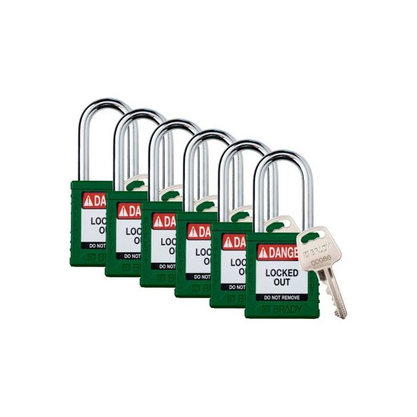 Brady Brady Safety Lockout Padlock, Keyed Different, 1-1/2in, Plastic/Steel, Green, 6/PK - SDPL-GRN-38ST-KD6