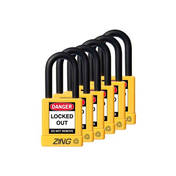 Zing ZING RecycLock Safety Padlock, Keyed Alike, 1-1/2" Shackle, 1-3/4" Body, Yellow, 6 Pack, 7069 - 7069