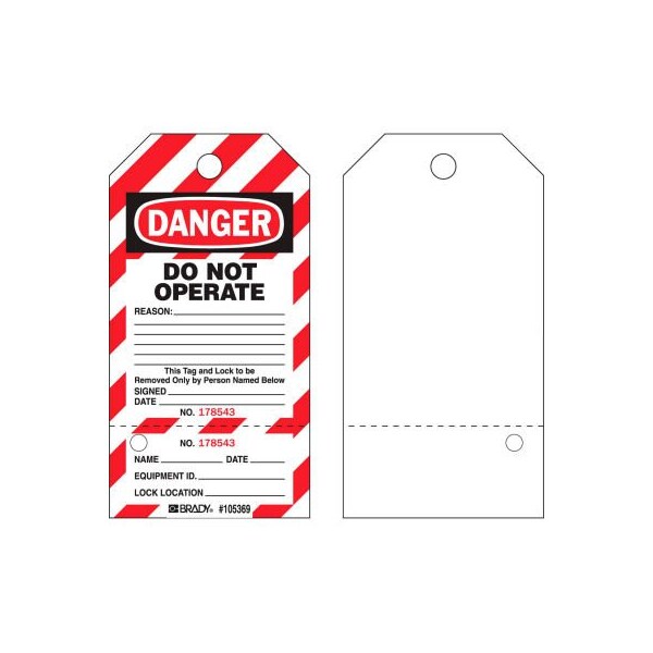 Brady Brady Danger Do Not Operate Locked Out Tag, Two-Part Tags With Stubs, Cardstock, 25/Pack - WKT3