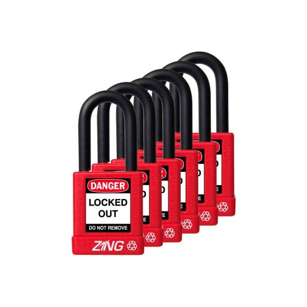 Zing ZING RecycLock Safety Padlock, Keyed Alike, 1-1/2" Shackle, 1-3/4" Body, Red, 6 Pack, 7063 - 7063