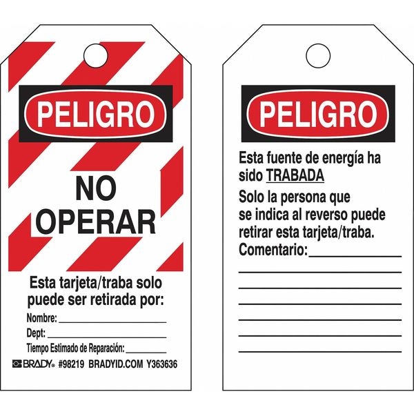 Brady Lockout Tag, Danger/Peligro, Polyester, 3 in Width, 5 3/4 in Height, Write On Surface: Yes , 25 PK - 98219