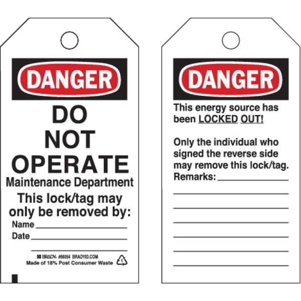 Brady Danger Tag, Danger, Cardstock, 3 in Width, 5 3/4 in Height, Write On Surface: Yes , 25 PK - 65442