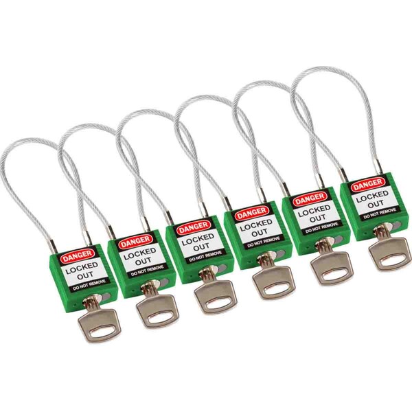 Brady Compact Nylon Padlock 4.2 in Steel Shackle KA Green with 7.87 in Cable 6PK - 146131