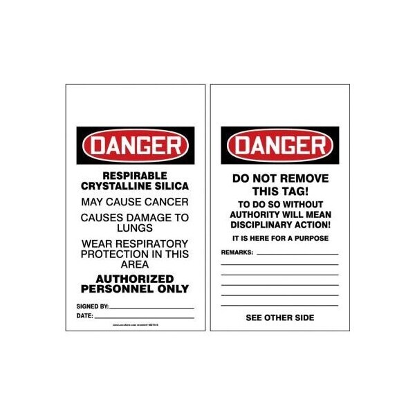 Accuform Safety Tags, DANGER RESPIRABLE CRYSTALLINE SILICA, 5.75in x 3.25in, HS-Laminate, 25PK - MDT018LTP