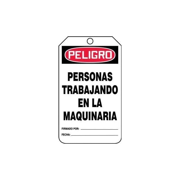 Accuform Spanish Safety Tags, DANGER MEN WORKING ON MACHINERY, 5.75in x 3.25in, PF-Cardstock, 25PK - SHMDT127CTP