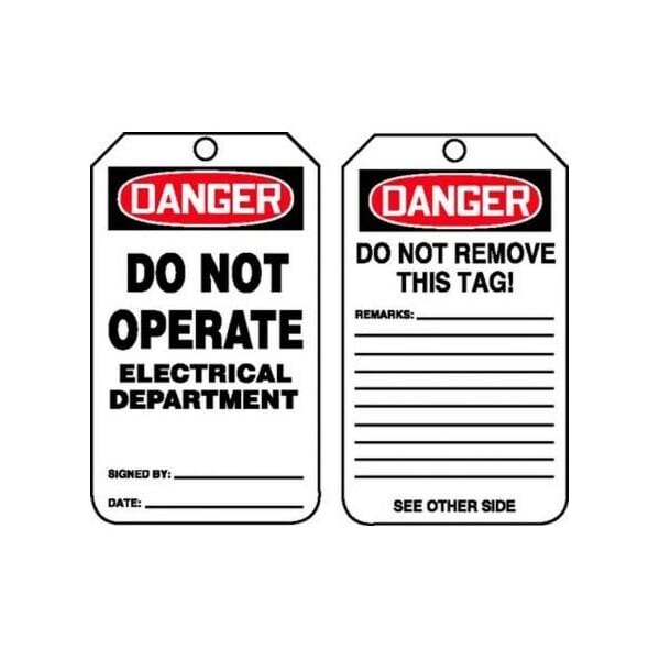 Accuform Safety Tags, DANGER DO NOT OPERATE ELECTRICAL DEPARTMENT, 5.75in x 3.25in, RP-Plastic, 25PK - MDT202PTP