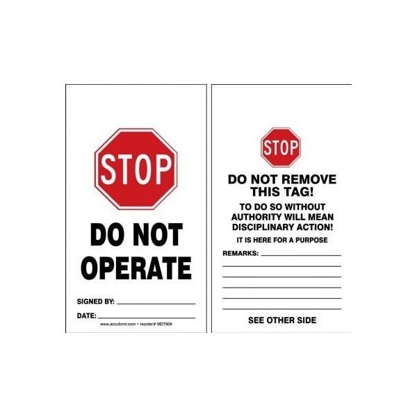 Accuform Safety Tags, STOP DO NOT OPERATE, 5.75in x 3.25in, RP-Plastic, 5PK - MDT909PTM